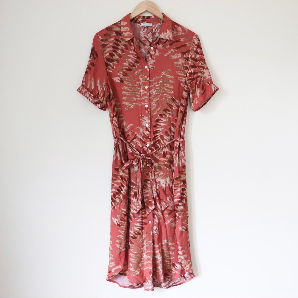 Frnch Paris Adline Leaf Print Woven Tropical Midi Maxi Button Dress Rust Orange